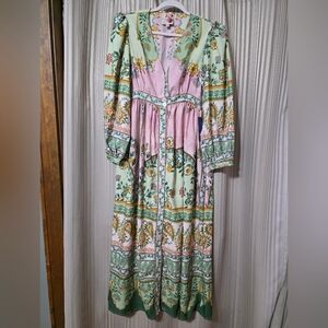 Button-Front Floral Midi Dress in Pink and Mint